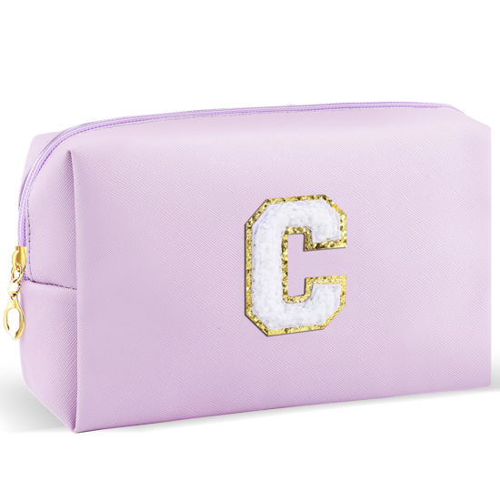 Picture of URSKYTOUS Gifts for Girls Initial Makeup Bag Personalized Cosmetic Bag with Zipper Cute Travel Toiletry Bag Waterproof PU Preppy Makeup Pouch Birthday Gift for Teen Girls Women(Purple C)