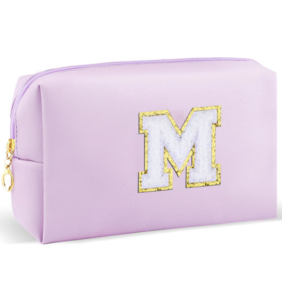 Picture of URSKYTOUS Gifts for Girls Initial Makeup Bag Personalized Cosmetic Bag with Zipper Cute Travel Toiletry Bag Waterproof PU Preppy Makeup Pouch Birthday Gift for Teen Girls Women(Purple M)