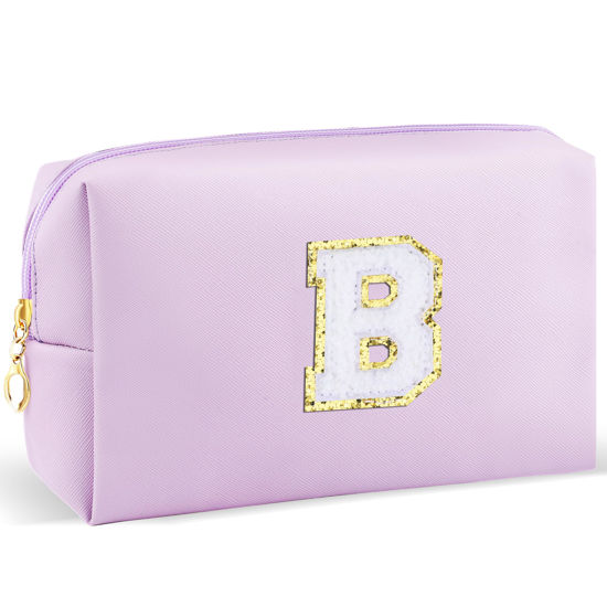 Picture of URSKYTOUS Gifts for Girls Initial Makeup Bag Personalized Cosmetic Bag with Zipper Cute Travel Toiletry Bag Waterproof PU Preppy Makeup Pouch Birthday Gift for Teen Girls Women(Purple B)