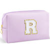 Picture of URSKYTOUS Gifts for Girls Initial Makeup Bag Personalized Cosmetic Bag with Zipper Cute Travel Toiletry Bag Waterproof PU Preppy Makeup Pouch Birthday Gift for Teen Girls Women(Purple R)