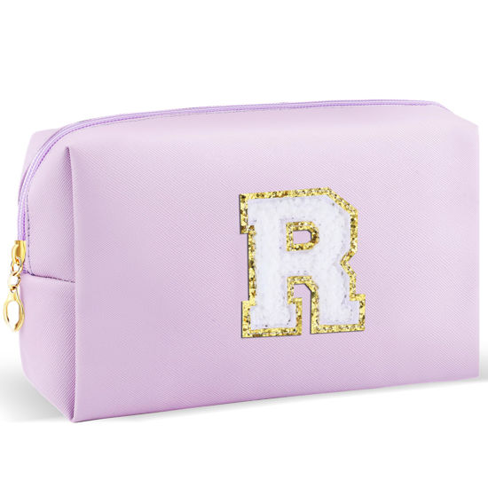 Picture of URSKYTOUS Gifts for Girls Initial Makeup Bag Personalized Cosmetic Bag with Zipper Cute Travel Toiletry Bag Waterproof PU Preppy Makeup Pouch Birthday Gift for Teen Girls Women(Purple R)