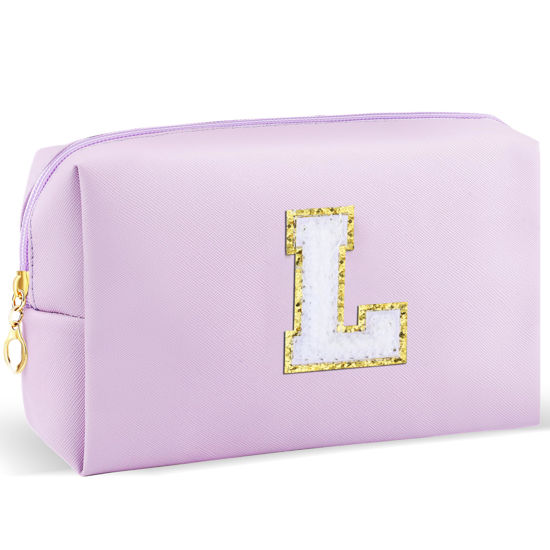 Picture of URSKYTOUS Gifts for Girls Initial Makeup Bag Personalized Cosmetic Bag with Zipper Cute Travel Toiletry Bag Waterproof PU Preppy Makeup Pouch Birthday Gift for Teen Girls Women(Purple L)