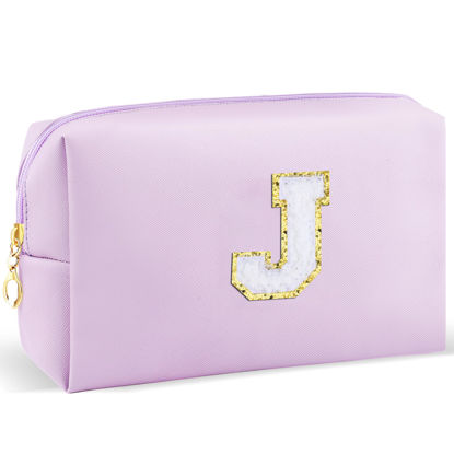 Picture of URSKYTOUS Gifts for Girls Initial Makeup Bag Personalized Cosmetic Bag with Zipper Cute Travel Toiletry Bag Waterproof PU Preppy Makeup Pouch Birthday Gift for Teen Girls Women(Purple J)