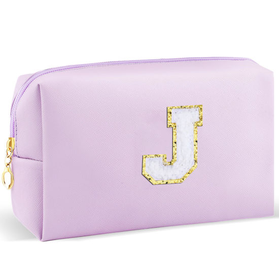 Picture of URSKYTOUS Gifts for Girls Initial Makeup Bag Personalized Cosmetic Bag with Zipper Cute Travel Toiletry Bag Waterproof PU Preppy Makeup Pouch Birthday Gift for Teen Girls Women(Purple J)