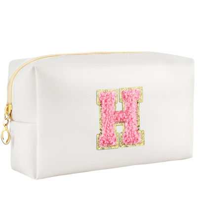 Picture of URSKYTOUS Initial Makeup Bag Personalized Preppy Travel Small Cosmetic Bag Cute PU White Chenille Letter Makeup Pouch for Purse Waterproof Zippered Toiletry Organizer for Women Girls Kids Friends (H)