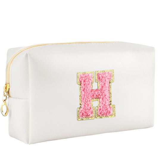 Picture of URSKYTOUS Initial Makeup Bag Personalized Preppy Travel Small Cosmetic Bag Cute PU White Chenille Letter Makeup Pouch for Purse Waterproof Zippered Toiletry Organizer for Women Girls Kids Friends (H)