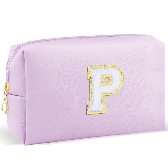 Picture of URSKYTOUS Gifts for Girls Initial Makeup Bag Personalized Cosmetic Bag with Zipper Cute Travel Toiletry Bag Waterproof PU Preppy Makeup Pouch Birthday Gift for Teen Girls Women(Purple P)