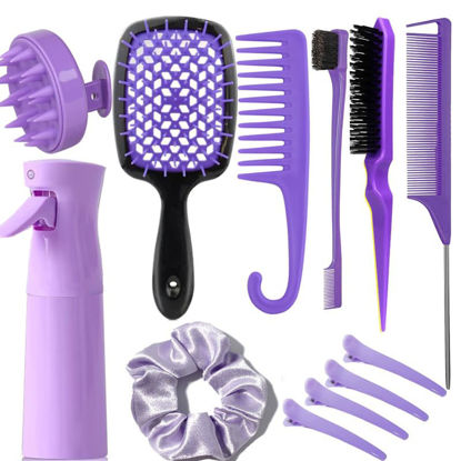 Picture of 12 Pcs Hair Brush Set for Women, Spray Bottle, 3 Pieces Slick Back Hair Brushes for Toddlers, Soft Scalp Massager, Detangling Hairbrush for Wet Dry Curly Hair Detangling, Wide Tooth Combs (purple)