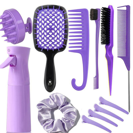 Picture of 12 Pcs Hair Brush Set for Women, Spray Bottle, 3 Pieces Slick Back Hair Brushes for Toddlers, Soft Scalp Massager, Detangling Hairbrush for Wet Dry Curly Hair Detangling, Wide Tooth Combs (purple)