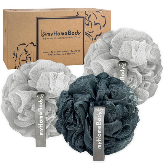Picture of myHomeBody 60g Loofah Sponge, Body Scrubber, Bath Sponge, Loofah for Women, Men, Exfoliating Sponge Shower Pouf with Activated Charcoal - 2 Fog Gray + 1 Midnight Blue, 3 Pack