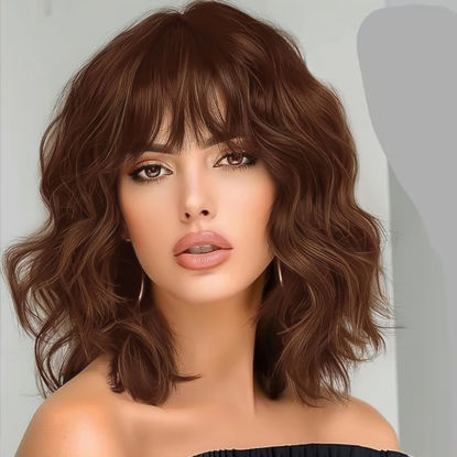 Picture of AISI HAIR Synthetic Wavy Curly Bob Wig with Bangs Ash Auburn Short Wavy Hair for Women Synthetic Heat Resistant Bob Wigs