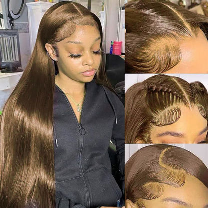 Picture of #4 Brown Straight Lace Front Wigs Human Hair Chocolate Brown Human Hair Wig Straight 13x6 HD Transparent Lace Frontal Wigs Human Hair 20 Inch Pre Plucked 180% Density Brown Colored Human Hair Wig