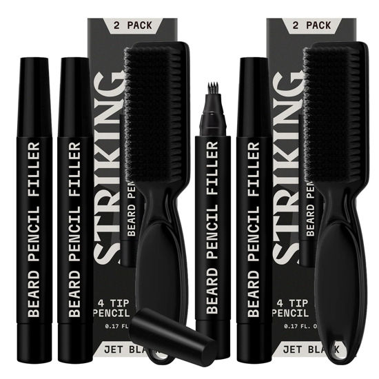 Picture of 4 Pack Beard Filling Pen Kit with 4 Tips - Waterproof Beard Pencil for Men, Fill, Shape & Define with Brush - Striking Viking (Jet Black)