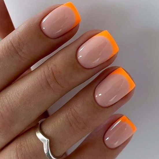 Picture of DANMANR Square Press on Nails Short Fake Nails French Acrylic Full Cover False Nails for Women and Girls 24PCS (Orange French)