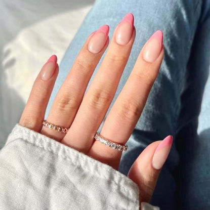 Picture of DANMANR Square Press on Nails Short Fake Nails French Acrylic Full Cover False Nails for Women and Girls 24PCS (Pink almond french)