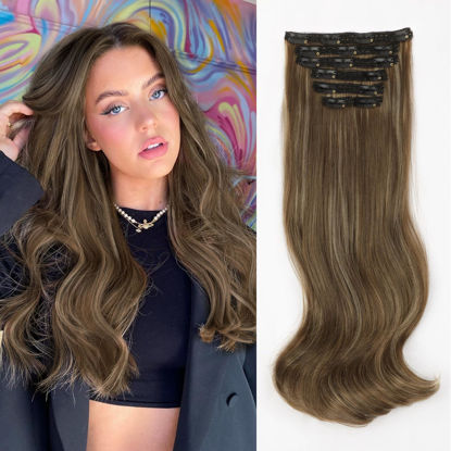 Picture of ALXNAN Clip in Hair Extension, 7PCS Hair Extension Thick Long Stright Layered Hair Extensions Brown mix Blonde 20 Inch Soft Lace Weft Hair Extensions for Women