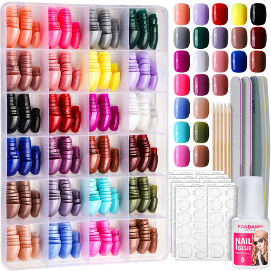Picture of FANDAMEI Press on Nails Short, 24 Packs 576PCS Small Short Round Press on Nails, 24 Glossy Color Small Fake Nails, Glue on Nails with 7g Nail Glue, 24 Color False Nail for Small Nails and hands