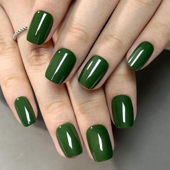 Picture of WAFOLOZE Green Press On Nails - Short Square Press On Nails, Glue On Nails Short Fake Nails, Nail Press Ons 16 Sizes - 32Pcs Reusable Soft Gel Artificial False Nails Tips Kit