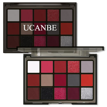 Picture of UCANBE Red Eyeshadow Makeup Palette, 15 Colors Burgunry Gray Silver Shimmer Matte Glitter Metallic Eye Shadow Pallet, Pigmented Make Up Kit for Halloween Parties Christmas Joker Vampire Clown
