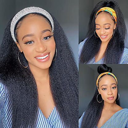 Picture of Eooma Kinky Straight Headband Wig Human Hair Glueless Headband Wigs for Black Women None Lace Front Human Hair Wigs 150% Density 28 Inch