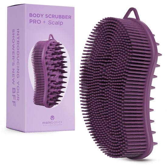 Picture of MainBasics Exfoliating Silicone Body Scrubber Pro 2-in-1 Shower Scrubber for Body, Silicone Loofah and Scalp Massager (Purple, Body + Scalp)