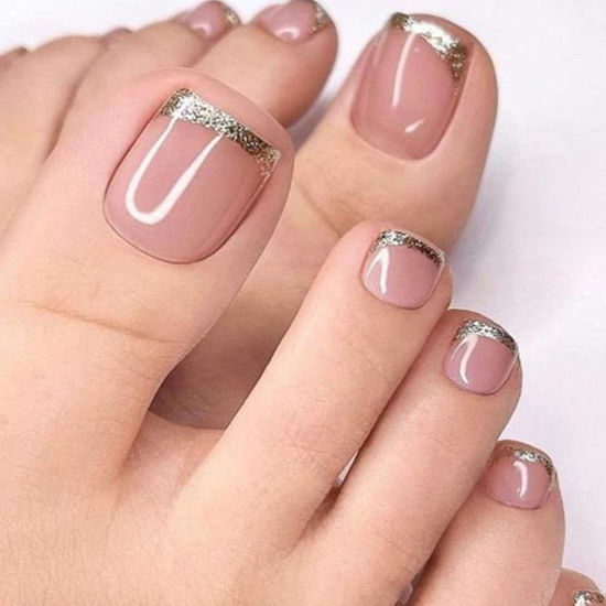 Picture of French Tips Press on Toenails Pink Fake Toe Nails Square False Toenails Glossy Full Cover Acrylic Toenails with Design Glitter Toe Press on Nails Toe Nail Press ons for Women Manicure 24Pcs