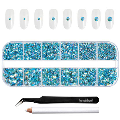 Picture of Beadsland Rhinestones for Makeup,8 Sizes 2500pcs Blue AB Flatback Rhinestones Face Gems for Nails Crafts with Tweezers and Wax Pencil,Aquamarine AB,SS4-SS30