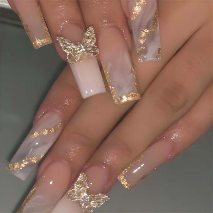 Picture of RUOKEXIN Nail Press ons Long Press on Nails Coffin Fake Fingernails Glossy Ombre Acrylic False Nails with 3D Butterfly Designs Gold Glitter Powder Artificial Nails Stick on Nails for Women 24Pcs