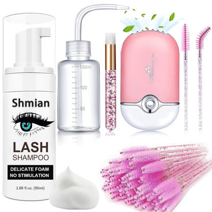 Picture of Shmian Lash Shampoo for Lash Extensions, 50ml Eyelash Foam Cleanser and 50 Pcs Eyelash Brush and Rinse Bottle Mini Fan Oil Free/Sulfate Free Eyelash Wash Remover For Eyelash Extension Makeup Removel