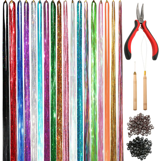 Picture of NIACONN 18 Colors Hair Tinsel Kit, 48 Inch 3900 Strands Glitter Tinsel Hair Extensions for Women, Fairy Hair Tinsel for Christmas New Year Halloween Cosplay Party