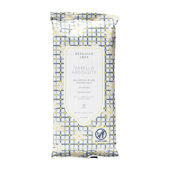 Picture of Beekman 1802 Face & Body Wipes, Vanilla Absolute - Scented - 30 Count - Cleanses Dirt & Makeup - With Goat Milk, Aloe & Vitamin E - Alcohol Free, Biodegradable - Good for Sensitive Skin - Cruelty Free