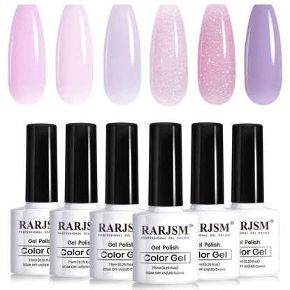 Picture of RARJSM Nude Gel Nail Polish Purple Glitter 6pcs Set 7.5ml Jelly Shimmery Sheer Violet Nail Gel Polish Iridescent Sparkly Light Purple Pink Translucent Natural Skin Tone Color Soak off UV LED Cured