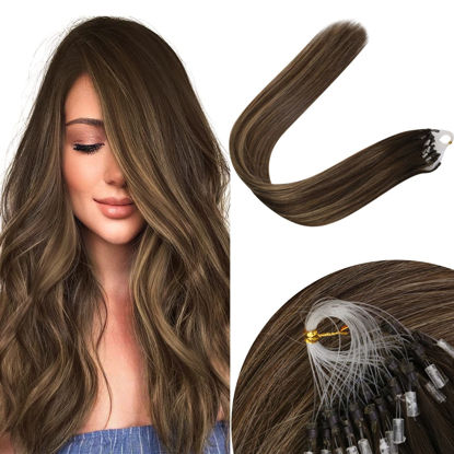 Picture of [Limited] Sunny Micro Loop Hair Extensions Brown Highlights, Remy Micro Ring Hair Extensions Real Human Hair, Pre Bonded Dark Brown with Caramel Blonde Highlights Micro Loop Hair Extensions 50g 24inch
