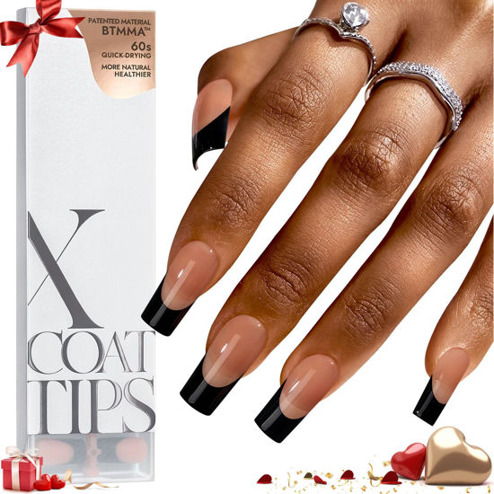 Picture of BTArtboxnails XCOATTIPS French Tip Nails - Long Press on Nails, Square Nail Tips Black, French Tip Press on Nails, Soft Gel False Nail Tips, Soak Off Acrylic Fake Nails Valentines Day Gift