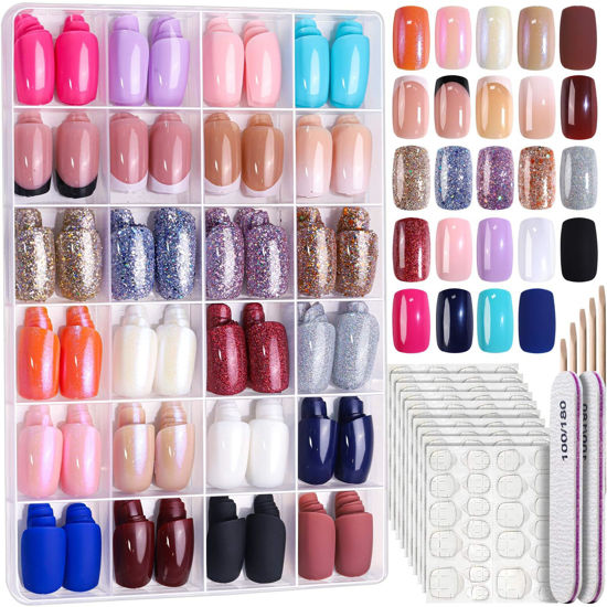 Picture of FANDAMEI 24 Colors 576 PCS Press On Nails, Coffin False Nails Medium Square, Full Cover Fake Nails, Pearl Gloss Press On Nails French Tips, Glitter Press on Nails, Glossy, Matte Nails for Nail Art DIY