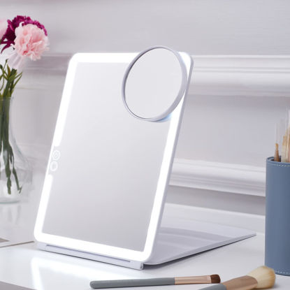 Picture of LED Foldable Tabletop Makeup Mirror for Travel, Cosmetic, Office - 7x9 inches,Portable, 3 Colors Light Modes USB Rechargeable Touch Screen, (White)
