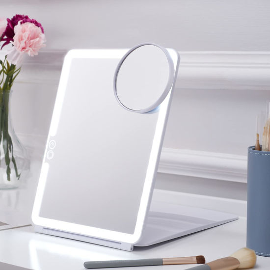 Picture of LED Foldable Tabletop Makeup Mirror for Travel, Cosmetic, Office - 7x9 inches,Portable, 3 Colors Light Modes USB Rechargeable Touch Screen, (White)