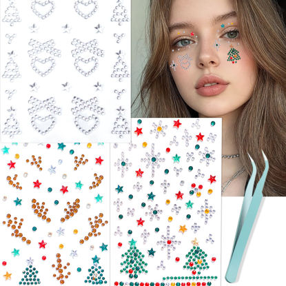 Picture of NOOEPC Christmas Makeup Face Gems Hair Gems, Self-Adhesive Face Jewels Face Gems Stick on, 3D Christmas Elements, Christmas Tree Shape, Snowflakes, Rave Accessories for Face Eyes Makeup Body, Crafts