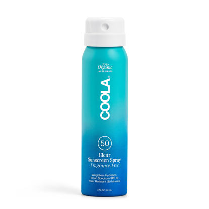 Picture of COOLA Organic Sunscreen SPF 50 Sunblock Spray, Dermatologist Tested Skin Care for Daily Protection, Vegan and Gluten Free, Fragrance Free, 2 Fl Oz