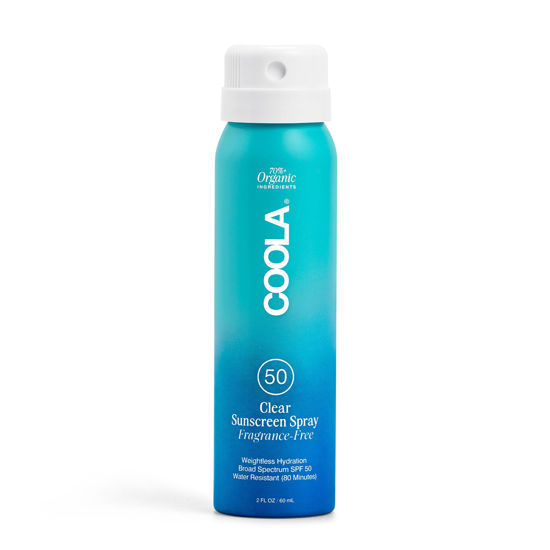 Picture of COOLA Organic Sunscreen SPF 50 Sunblock Spray, Dermatologist Tested Skin Care for Daily Protection, Vegan and Gluten Free, Fragrance Free, 2 Fl Oz