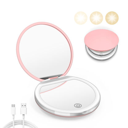 Picture of Kakuje Compact Mirror with Light, 1X/3X Magnification LED Pocket Mirror with USB Data Cable,Mini Mirror for Purse, Pocket,Travel and Present (Pink)
