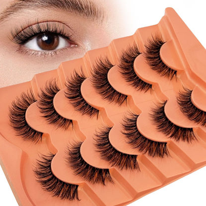 Picture of Cat Eye Lashes False Eyelashes Natural Look, Yasnai Wispy Fake Lashes Volume Lashes, Strips Lashes Natural Eyelashes Clear Band 6 Pairs Pack