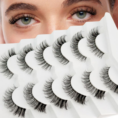 Picture of Cat Eye Lash Wispy Lashes False Eyelashes Natural Look, Yasnai 3D Fluffy Fake Lashes Volume Lashes, Natural Fake Eyelash Strips Lashes Natural False Lashes Clear Band 6 Pairs Pack