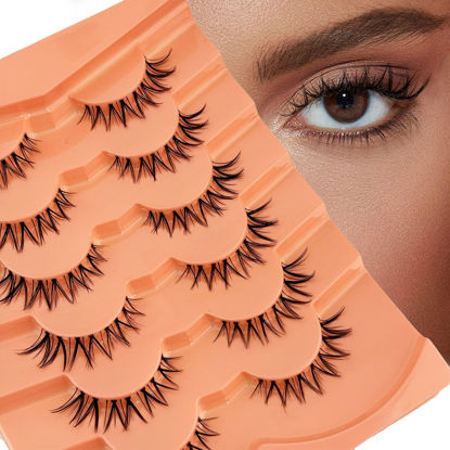 Picture of False Eyelashes Natural Look Wispy EyeLashes Cat Eye Lashes, Yasnai Fake Lashes Volume Lashes, Mink Lashes Strips Lashes Natural Eyelashes Clear Band 6 Pairs Pack