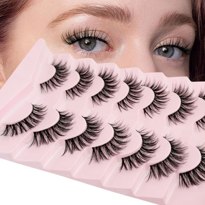 Picture of Cat Eye Lashes False Eyelashes Natural Look, Yasnai Wispy Fake Lashes Volume Lashes, Strips Lashes Natural Eyelashes Clear Band 6 Pairs Pack