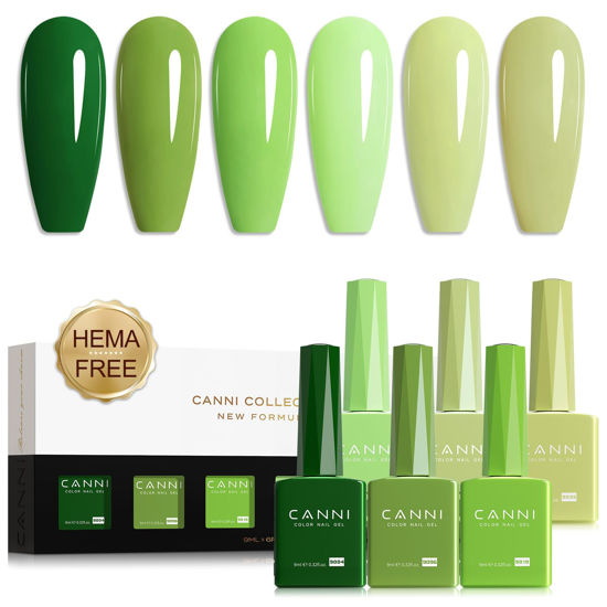 Picture of CANNI Green Gel Nail Polish Set, 6 Colors 9ML Evergreen Olive Light Green Gel Nail Polish Spring Set Nail Gel Polish Soak Off Uv LED Lamp Nail Art Design Manicure Salon for Women