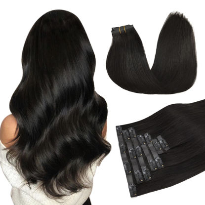 Picture of DOORES Clip in Hair Extensions Human Hair, Natural Black Seamless Clip in Hair Extensions Human Hair, 130g 7pcs 18 Inch Human Hair Extensions Invisible Edge Clip in, Natural Hair Extensions