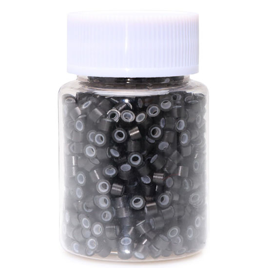 Picture of NIACONN 1000pcs Microlink Beads 4mm Silicone Lined Hair Tinsel Beads Micro Link Rings for Hair Extension - Black