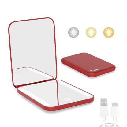 Picture of Kintion Rechargeable Pocket Mirror, Double Sided 1X/3X Magnification Compact Vanity Mirror, 3 Color Lights, Dimmable, Small Portable Wallet Mirror, Lighted Travel Mirror for Women Gifts, Wine Red