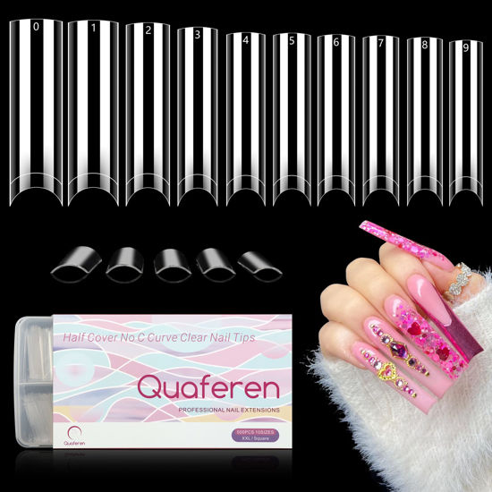 Picture of 500Pcs No C Curve Clear Nail Tips for Acrylic Nails Professional, 2XL Extra Long Tapered Square Straight Nail Tips, Half Cover Acrylic Gel Nail Tips French Fake Nails for Salon DIY Nail Art 10 Sizes